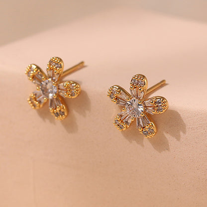 Inlaid Zircon Flower Design Simple Stud Earrings